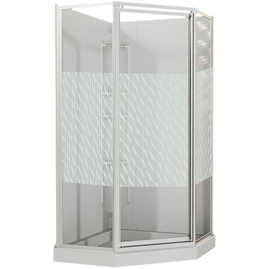 38" x 38" Himalaya 3 Piece Polystyrene Neo Angle Corner Shower Kit - White + Clear Glass & Wavy Vertical Stripes