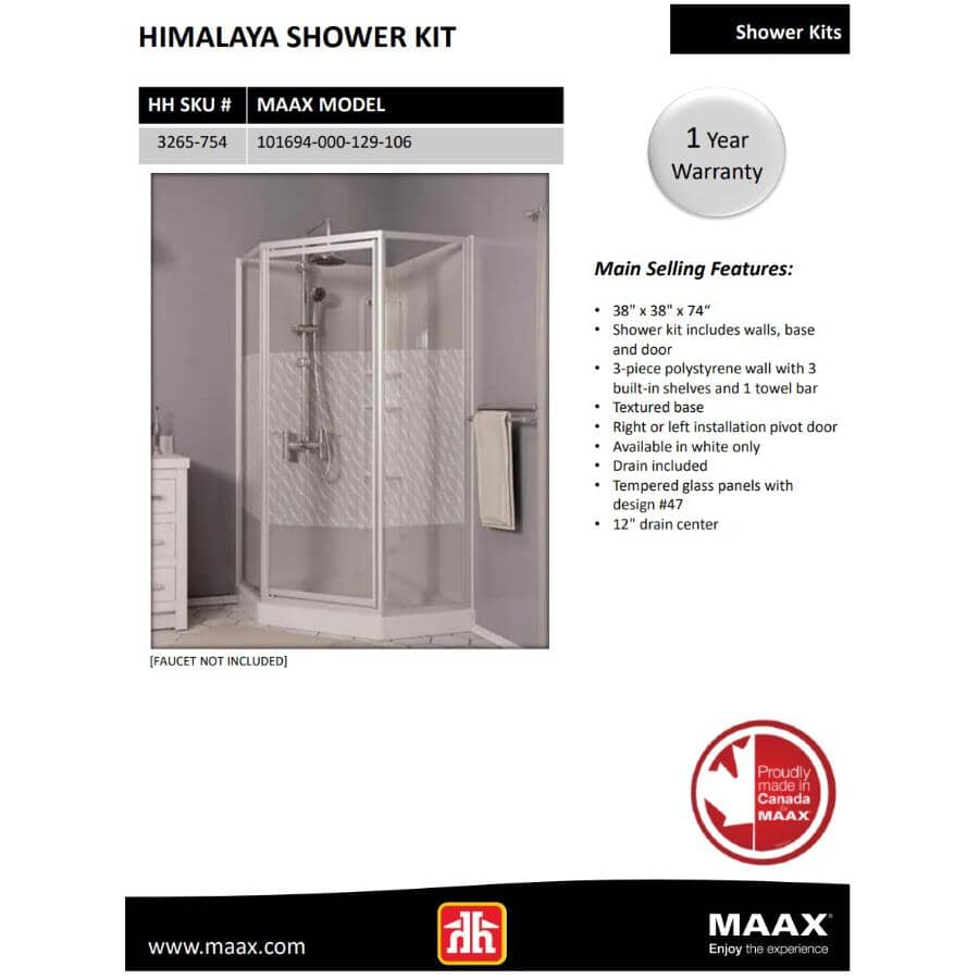 38" x 38" Himalaya 3 Piece Polystyrene Neo Angle Corner Shower Kit - White + Clear Glass & Wavy Vertical Stripes