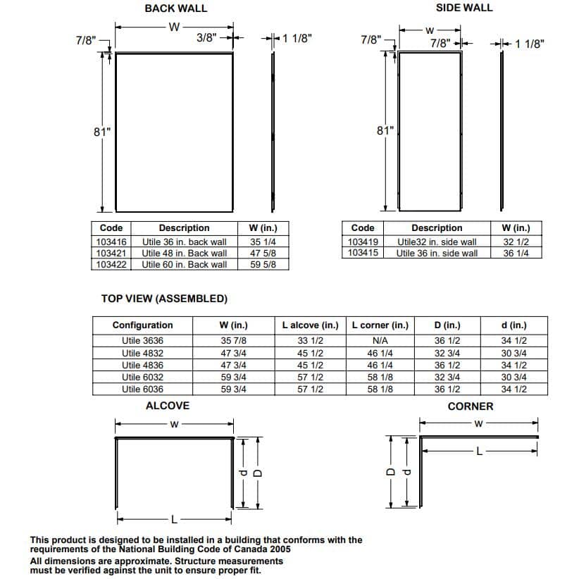48" x 80'' Utile Marble Carrara Shower Back Wall