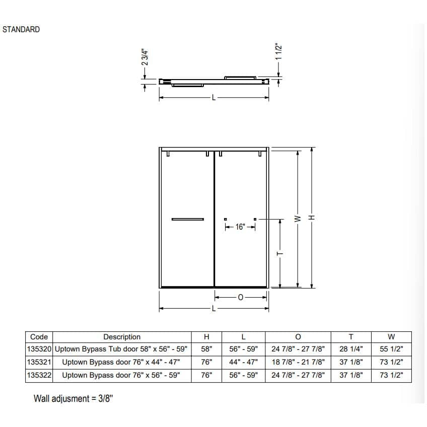 56" to 59" x 76" Uptown Soft Close Bypass Shower Door - 8mm Clear Glass & Matte Black Trim