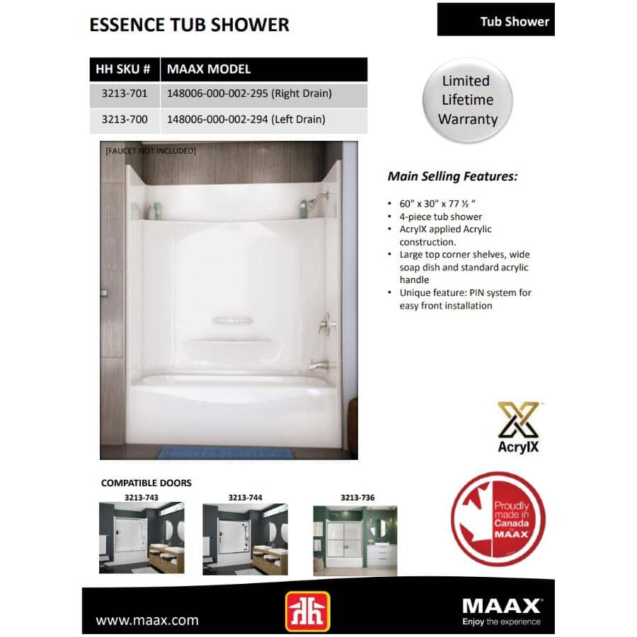 60" x 30" Essence 4 Piece AcrylX Tub Shower - with Right Hand Drain, White