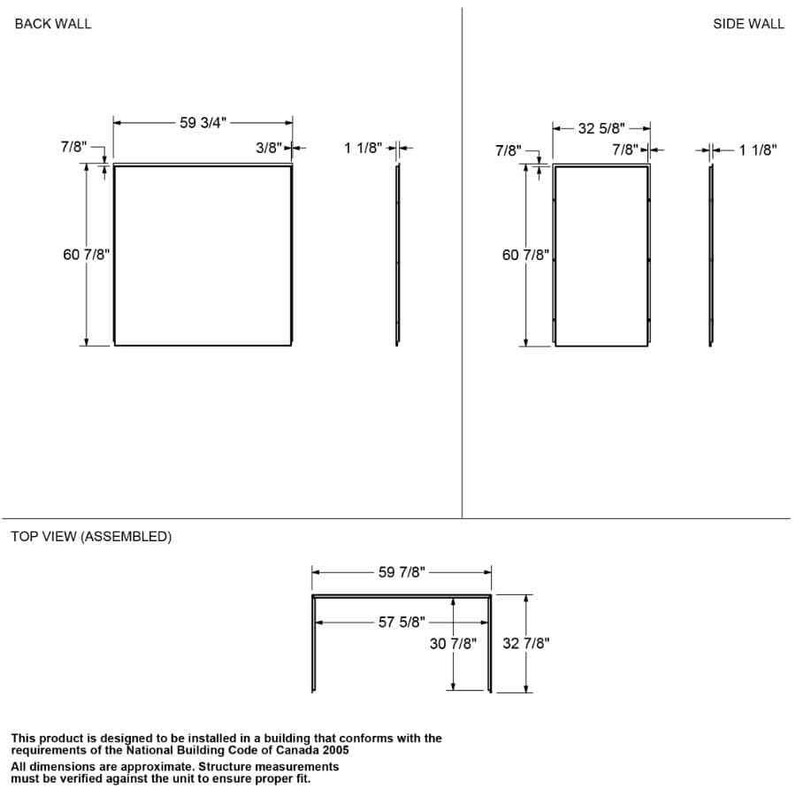 60" x 32" Utile 3 Piece Composite Tub Wall - Carrara Marble