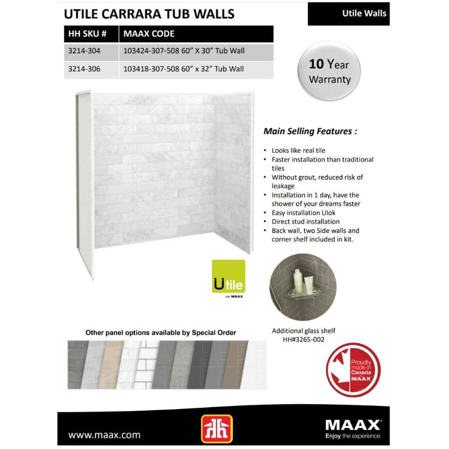 60" x 32" Utile 3 Piece Composite Tub Wall - Carrara Marble
