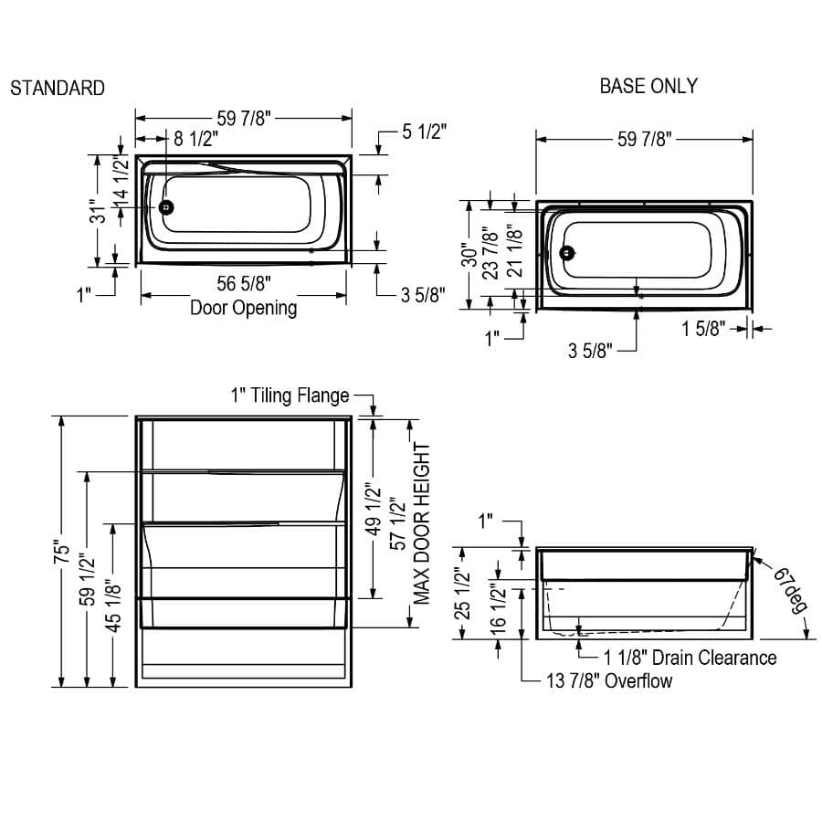 Gallery 2 Piece AcrylX Right Hand Tub and Shower Less Cap - 60" x 30", White