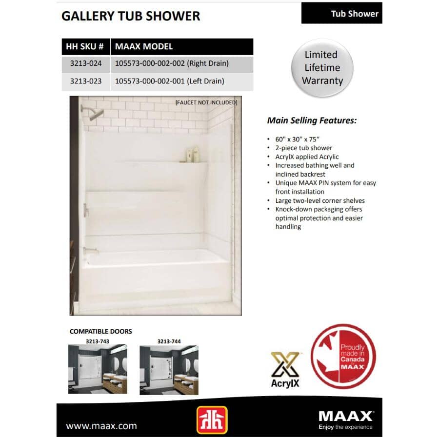 Gallery 2 Piece AcrylX Right Hand Tub and Shower Less Cap - 60" x 30", White