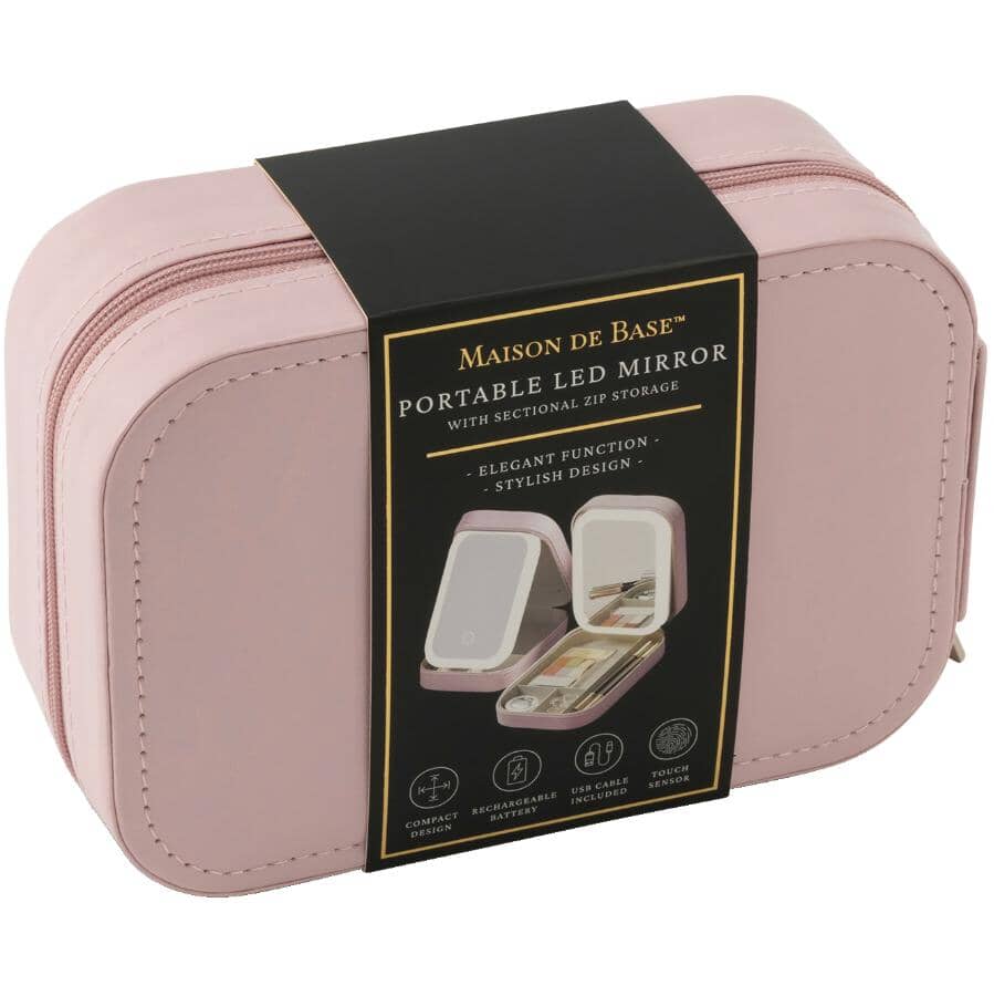 Portable Lighted Makeup Mirror with Storage - Pink