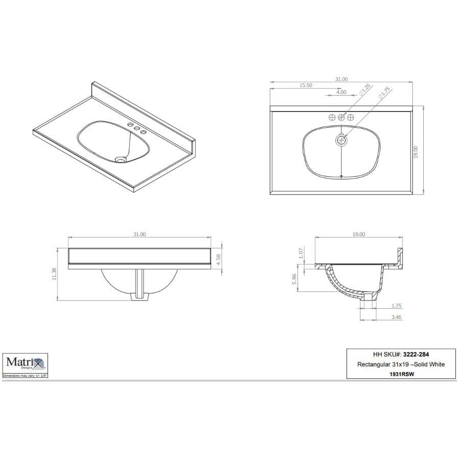 31" x 19" Cultured Marble Vanity Top with Rectangular Sink - Solid White