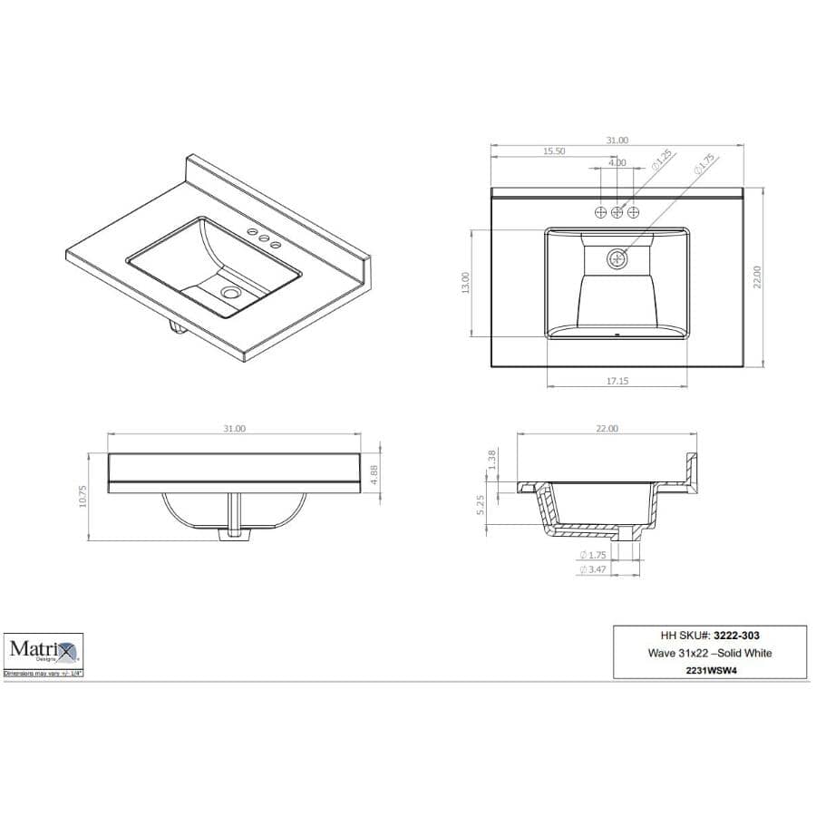 31" x 22" Cultured Marble Vanity Top with Rectangular Wave Sink - White