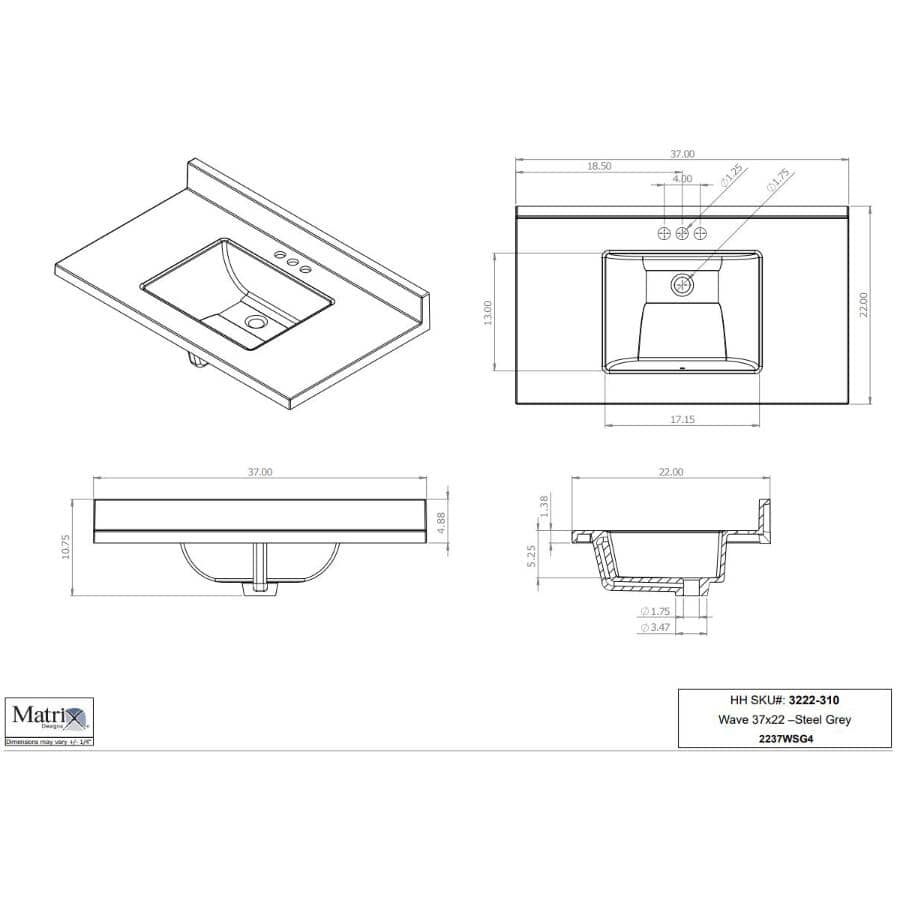37" x 22" Cultured Granite Vanity Top with Rectangular Wave Sink - Grey