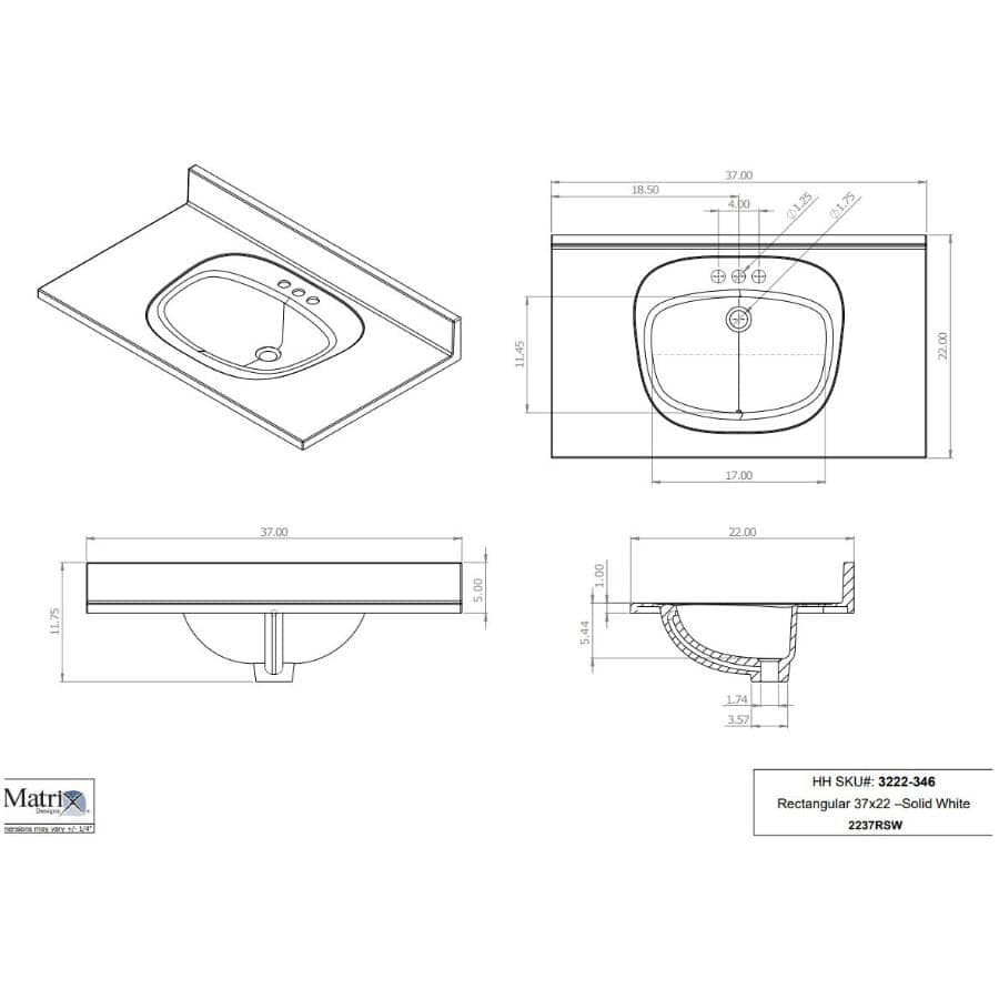 37" x 22" Cultured Marble Vanity Top with Rectangular Sink - Solid White