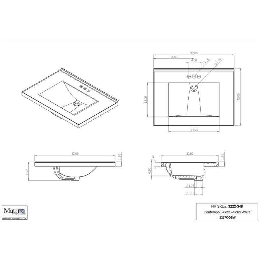 37" x 22" Cultured Marble Vanity Top with Rectangular Sink - White