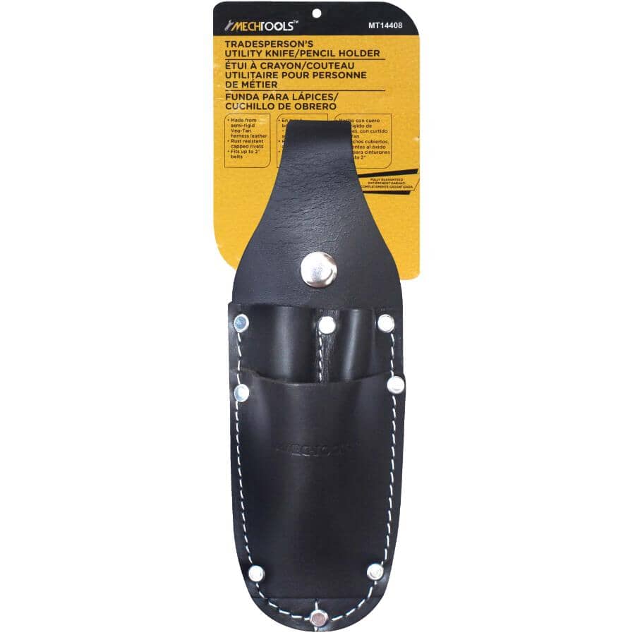 Tradesperson's Leather Utility Knife & Tool Pouch - 3 Pockets with 2" Belt Slots