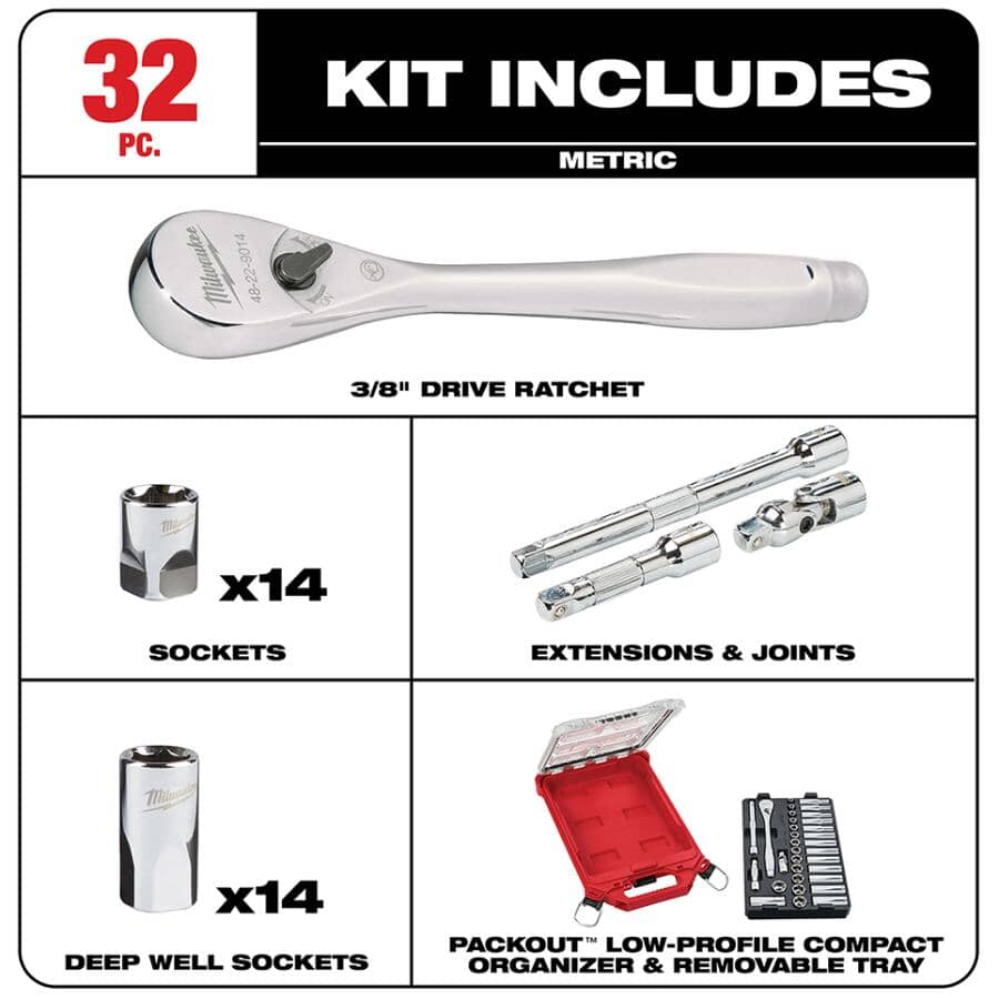 3/8" Drive Metric Ratchet & Socket Set - 32 Piece, with Case