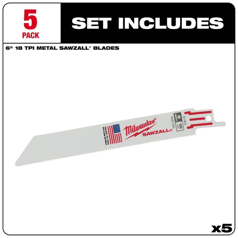 6" 18 TPI Sawzall Reciprocating Saw Blades - 5 Pack
