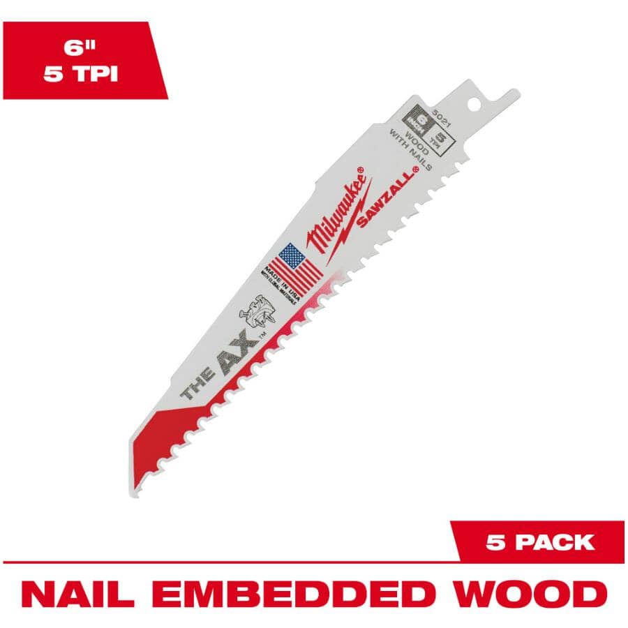 6" 5 TPI Sawzall The Ax Reciprocating Saw Blades - 5 Pack