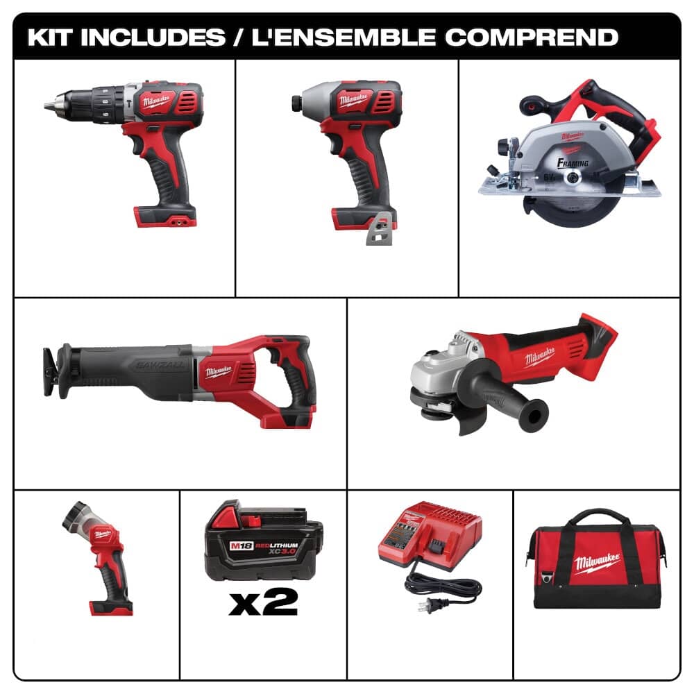 M18 18V Lithium-Ion Cordless Combo Tool Kit - Circular Saw, Cut-off Grinder, Hammer Drill Driver, Impact Driver , Sawzall & Work Light