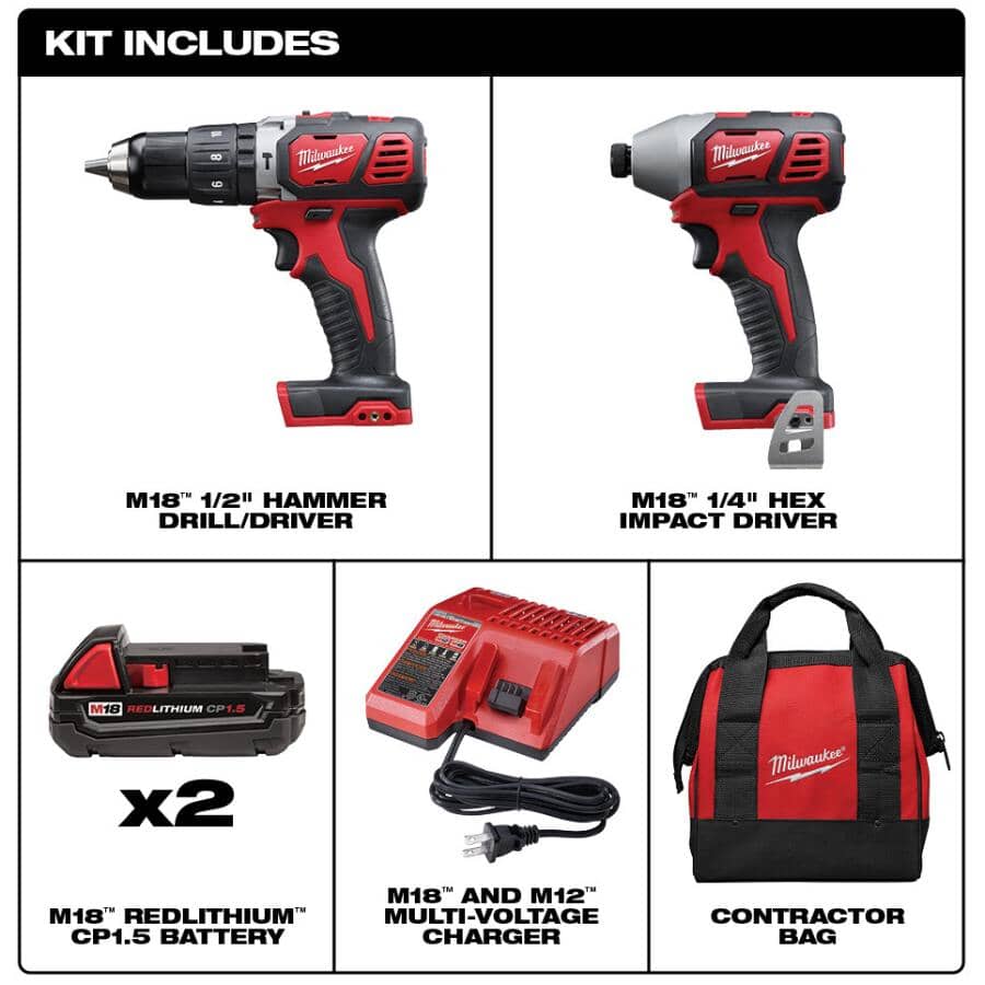 M18 Redlithium 18V Cordless Compact Hammer Drill & Impact Driver Combo Kit - with 2 Batteries, Charger & Tool Bag