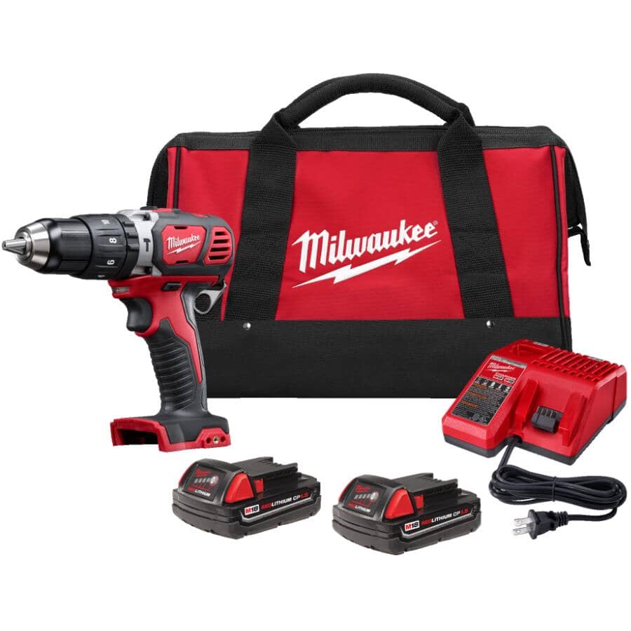 M18 Redlithium Cordless Compact 1/2" Hammer Drill Driver Kit - 18V + 2 Batteries + Charger + Tool Bag
