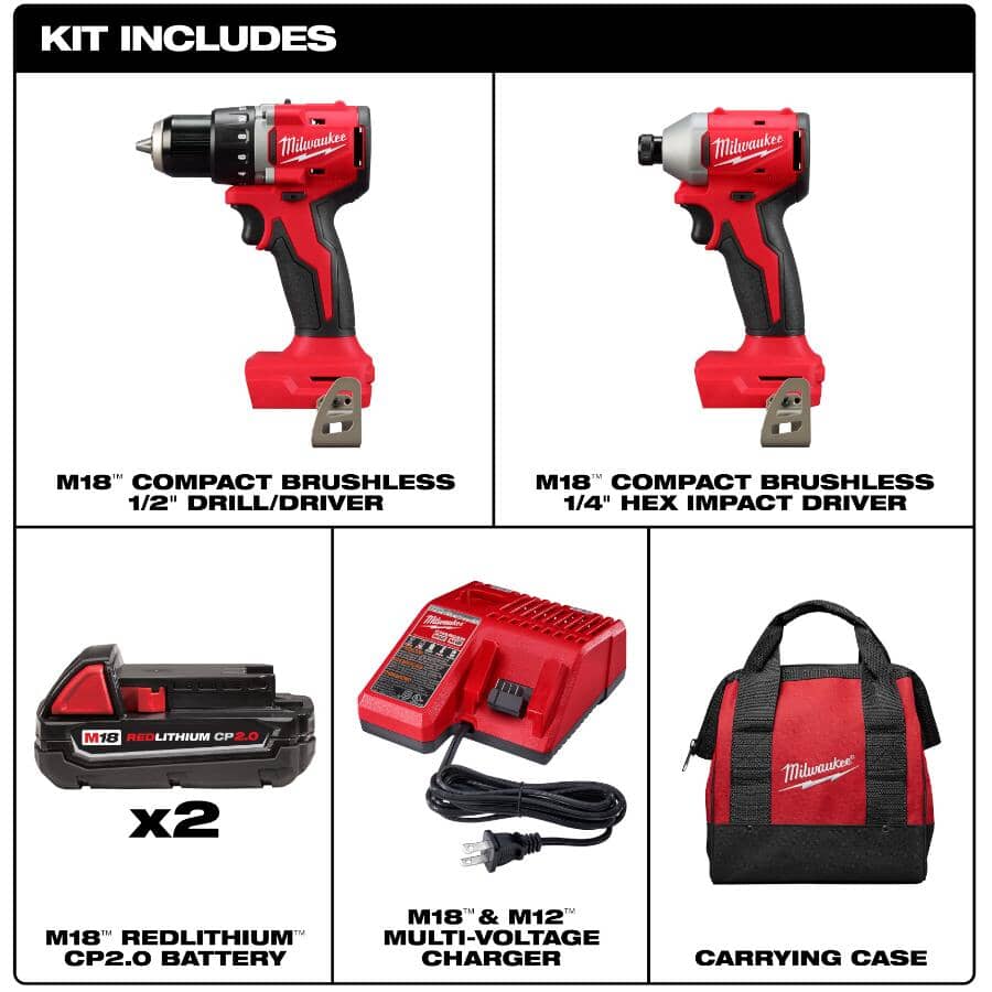 M18 Redlithium Cordless Compact Drill Driver & Impact Driver Combo Kit - 18V + 2 Batteries + Charger + Tool Bag
