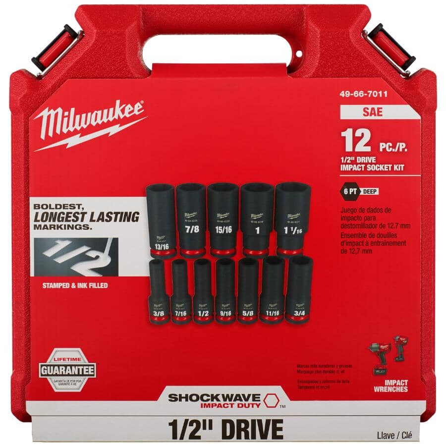Shockwave Impact Duty 1/2" Drive SAE Deep Socket Set - 12 Piece, with Case