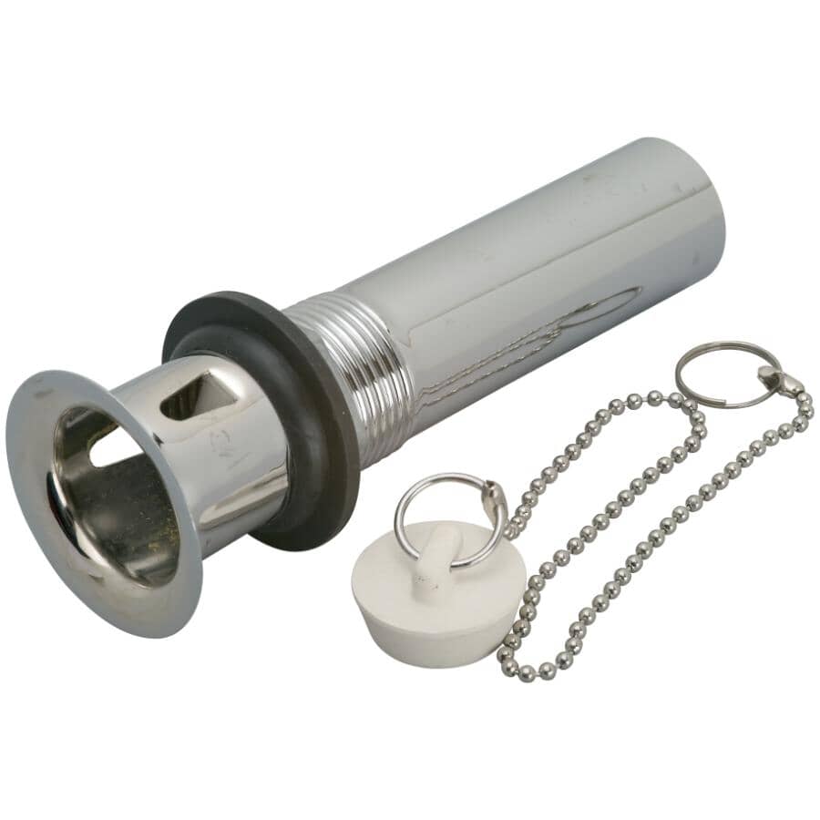 Sink Drain - with Overflow Opening + Chain & Stopper, Chrome Plated Brass