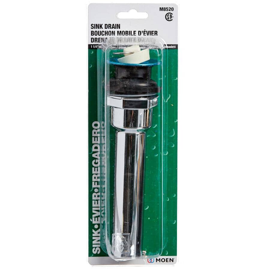 Sink Drain - with Overflow Opening + Chain & Stopper, Chrome Plated Plastic