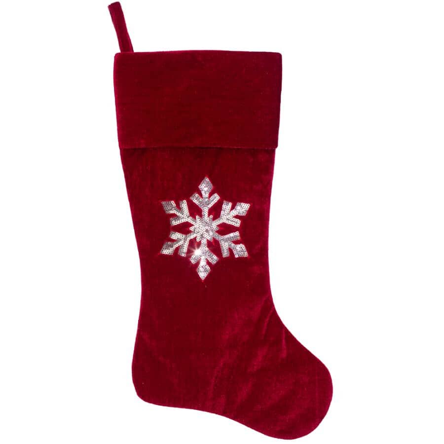 20" Red Velvet Stocking with Sequin Snowflake