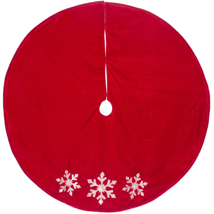 48" Round Velvet Tree Skirt with Sequin Snowflakes - Red