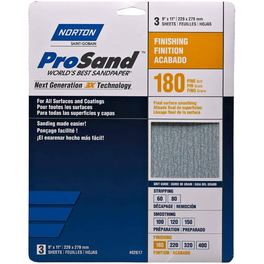 180 Grit Aluminum Oxide Sandpaper - 9" x 11", 3 Pack