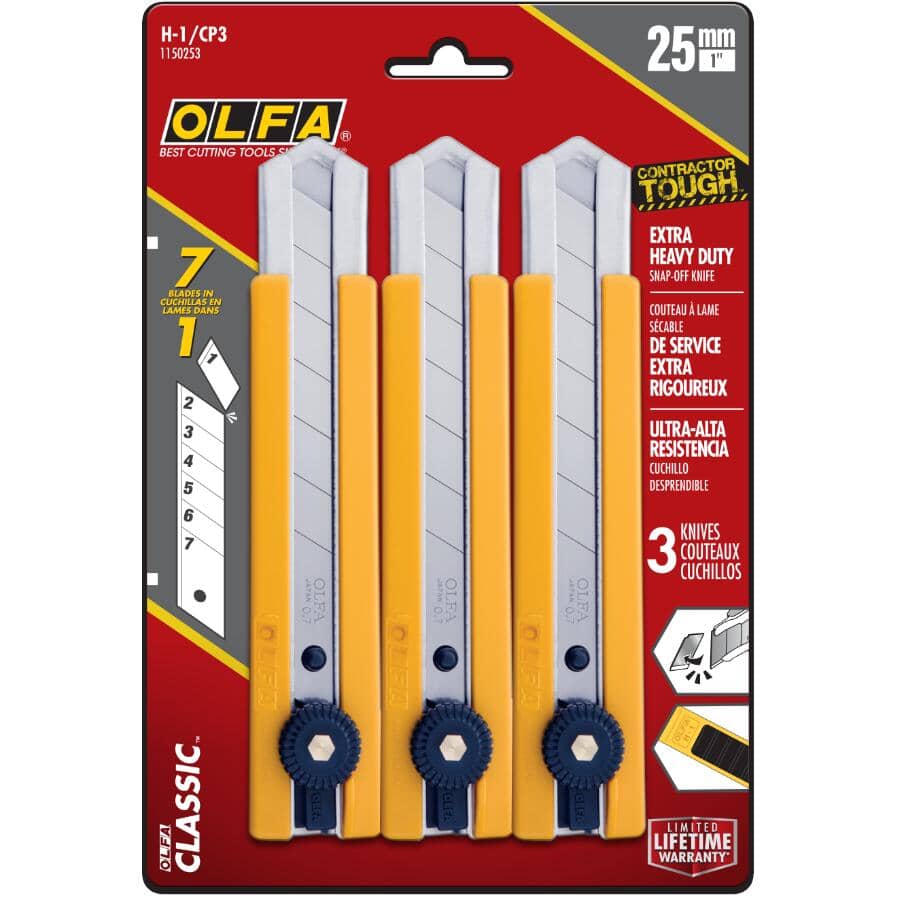 Heavy Duty Snap-Off Blade Utility Knife - 25 mm, 3 Pack