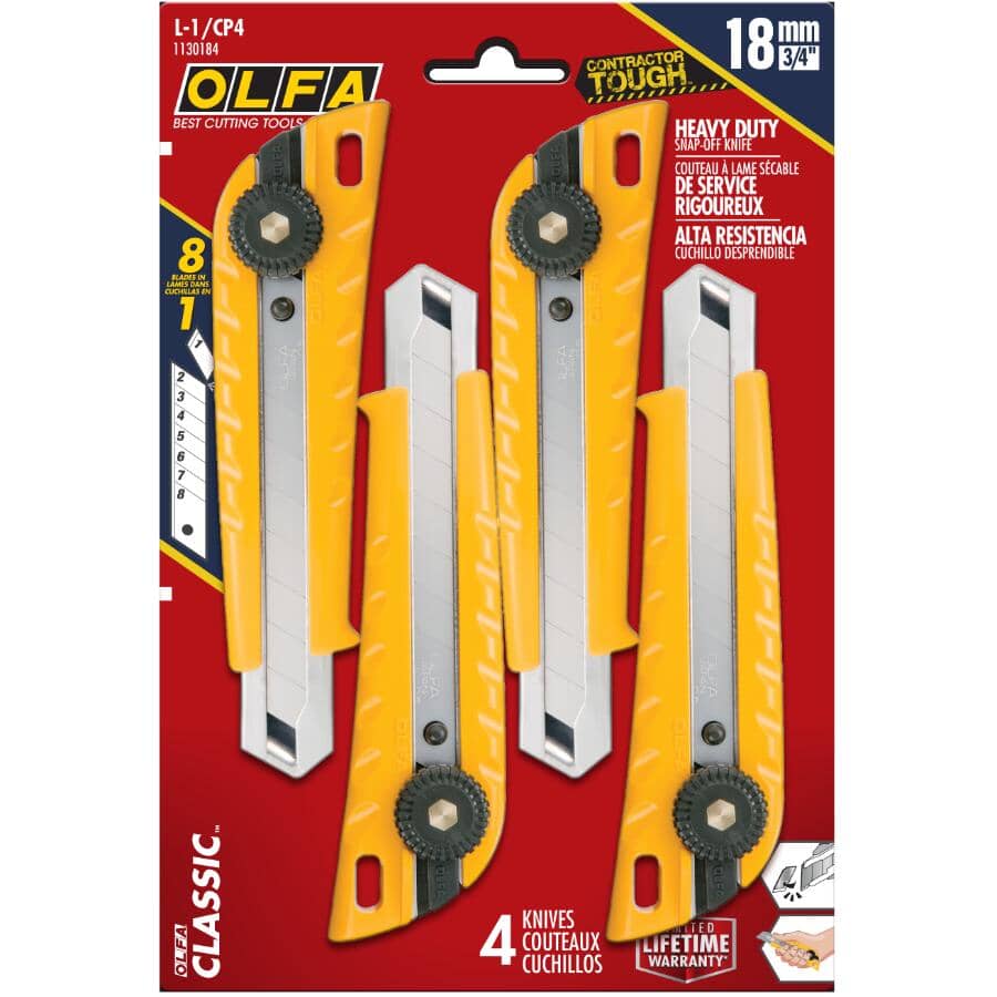 Heavy Duty Snap-Off Blade Utility Knife - 18mm, 4 Pack