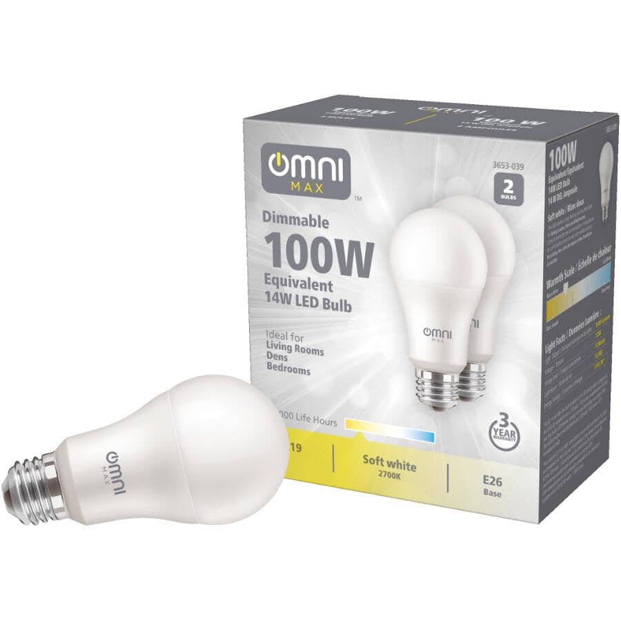 14W A19 Medium Base Soft White Dimmable LED Light Bulbs - 2 Pack
