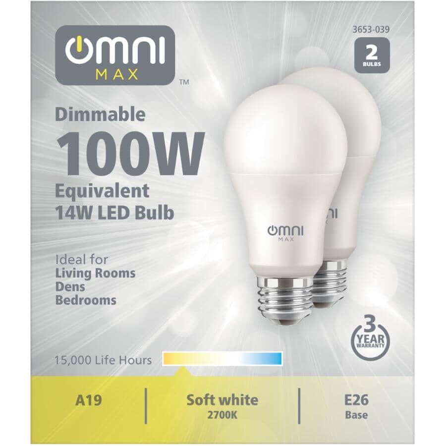 14W A19 Medium Base Soft White Dimmable LED Light Bulbs - 2 Pack