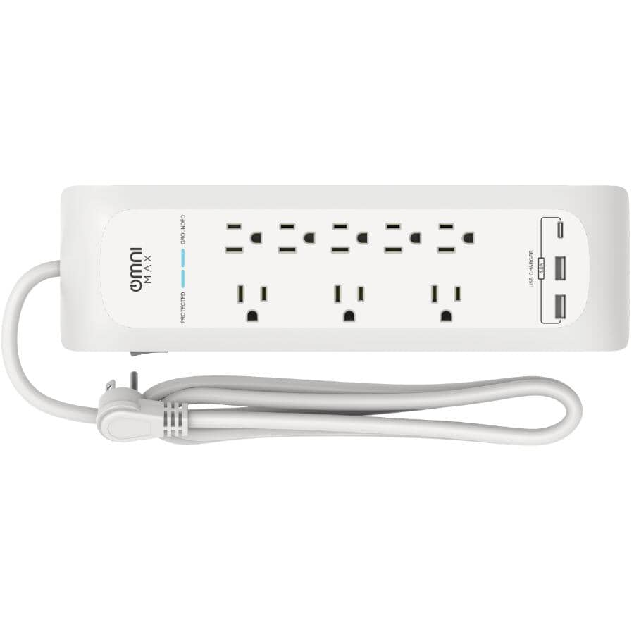 8 Outlet Surge Protector with 3 USB Ports - 6' Cord, White
