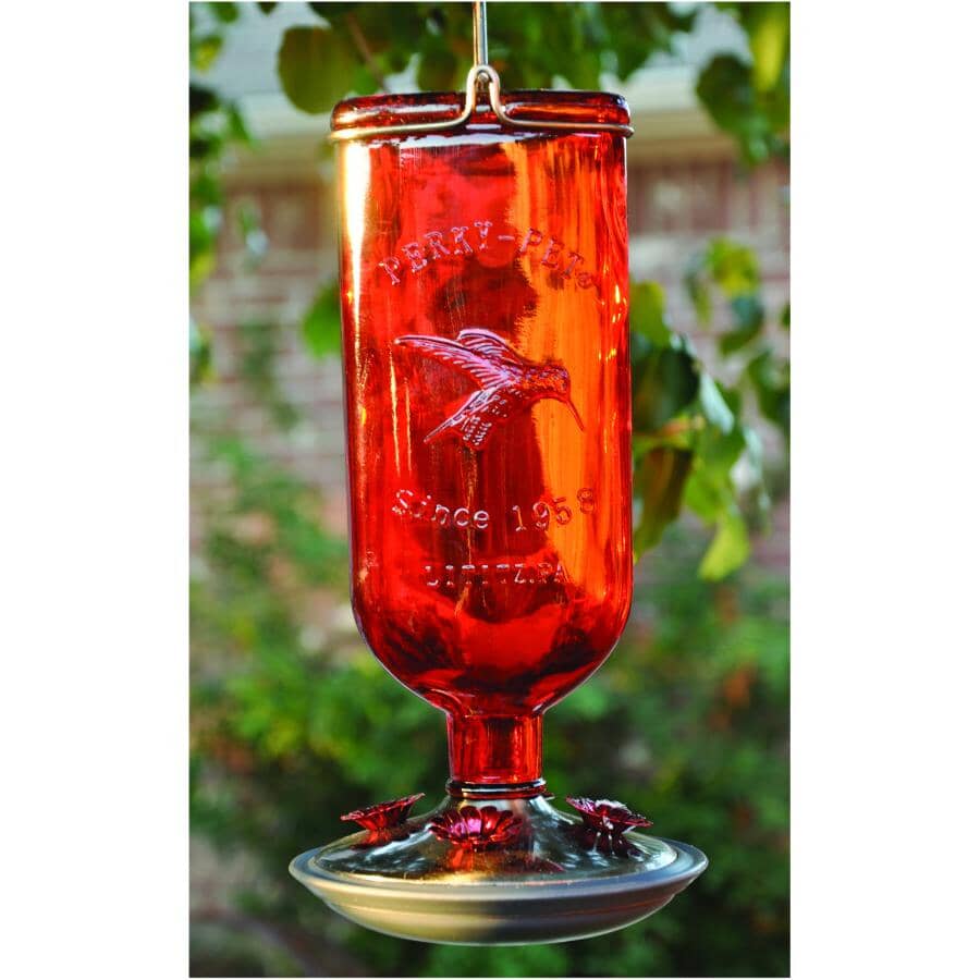 Antique Glass Bottle Hummingbird Feeder - Red, 16 oz