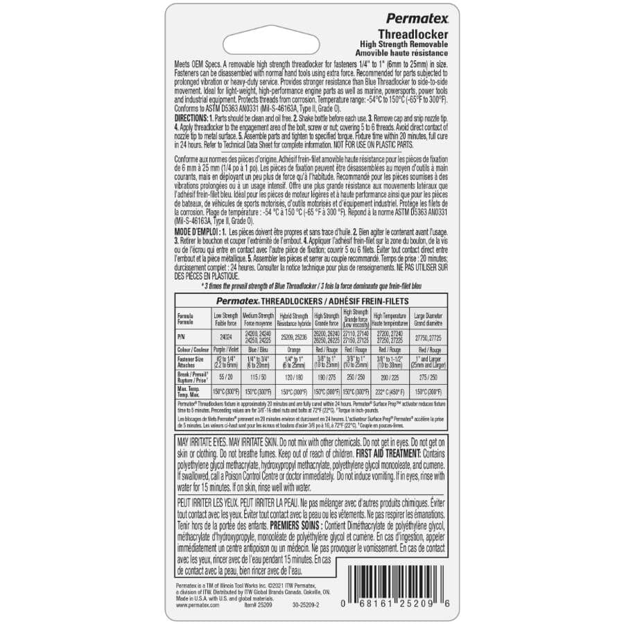 High Strength Removable Threadlocker - Orange, 10 ml