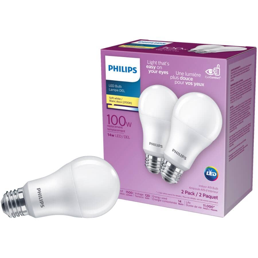 14W A19 Medium Base Soft White LED Light Bulbs - 2 Pack