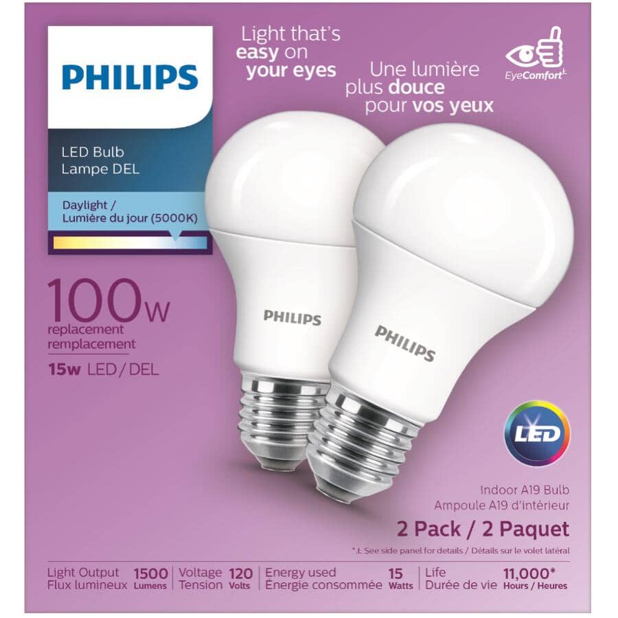 15W A19 Medium Base Daylight LED Light Bulbs - 2 Pack