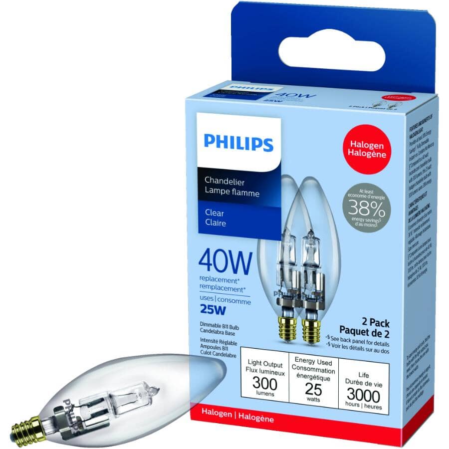 25W B11 Candelabra Base Clear Dimmable Halogen Light Bulbs - 2 Pack