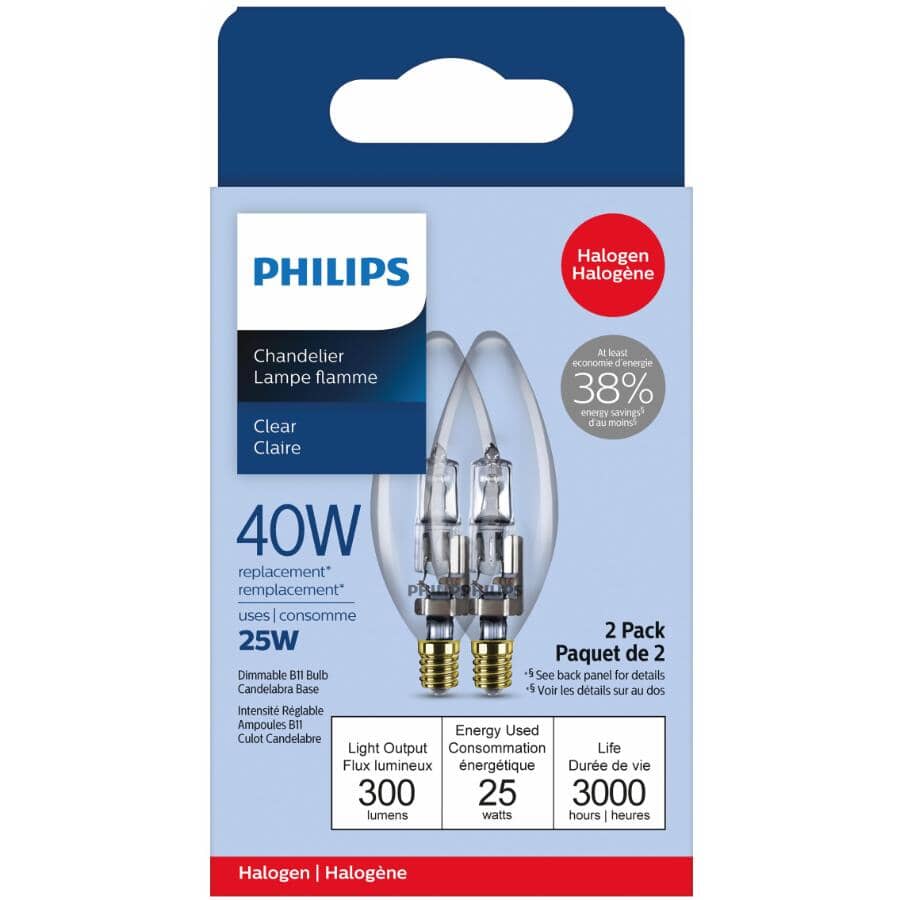 25W B11 Candelabra Base Clear Dimmable Halogen Light Bulbs - 2 Pack