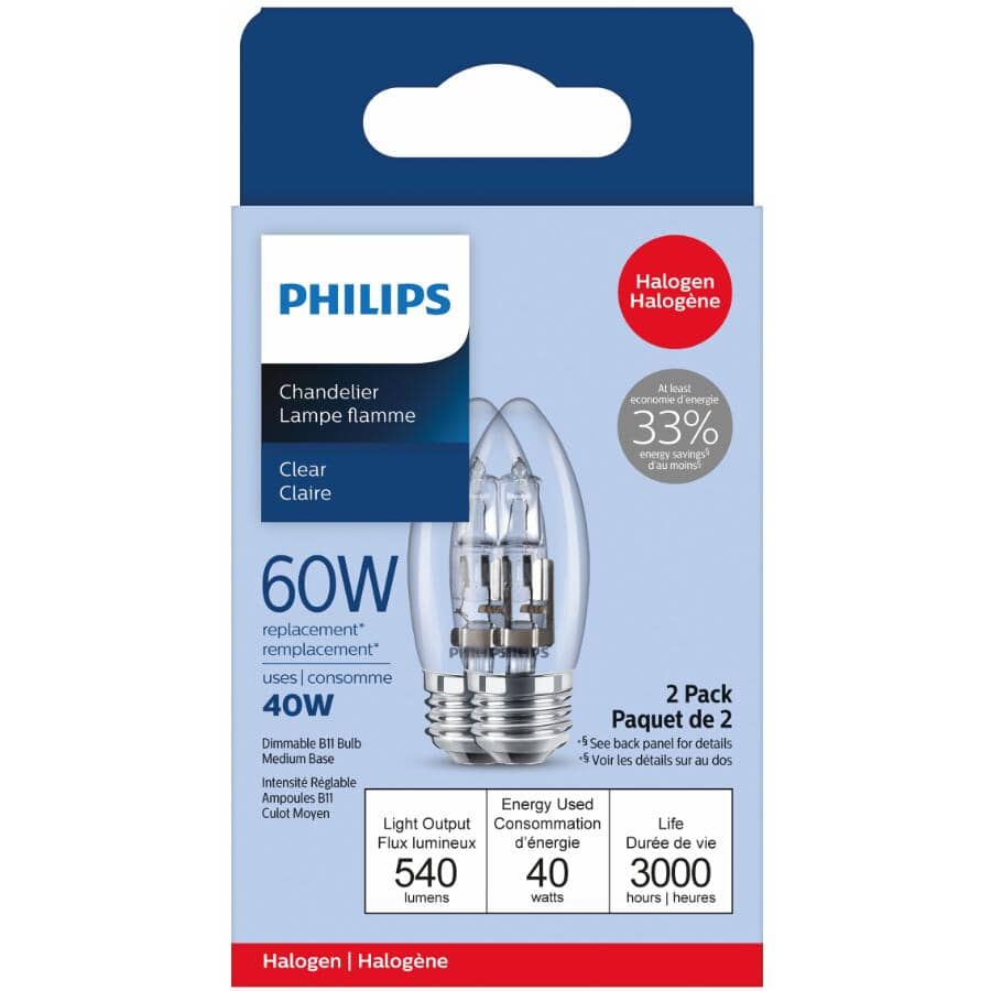 40W B11 Medium Base Clear Dimmable Halogen Light Bulbs - 2 Pack