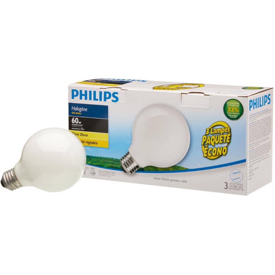 40W G25 Medium Base Soft White Dimmable Halogen Light Bulbs - 3 Pack