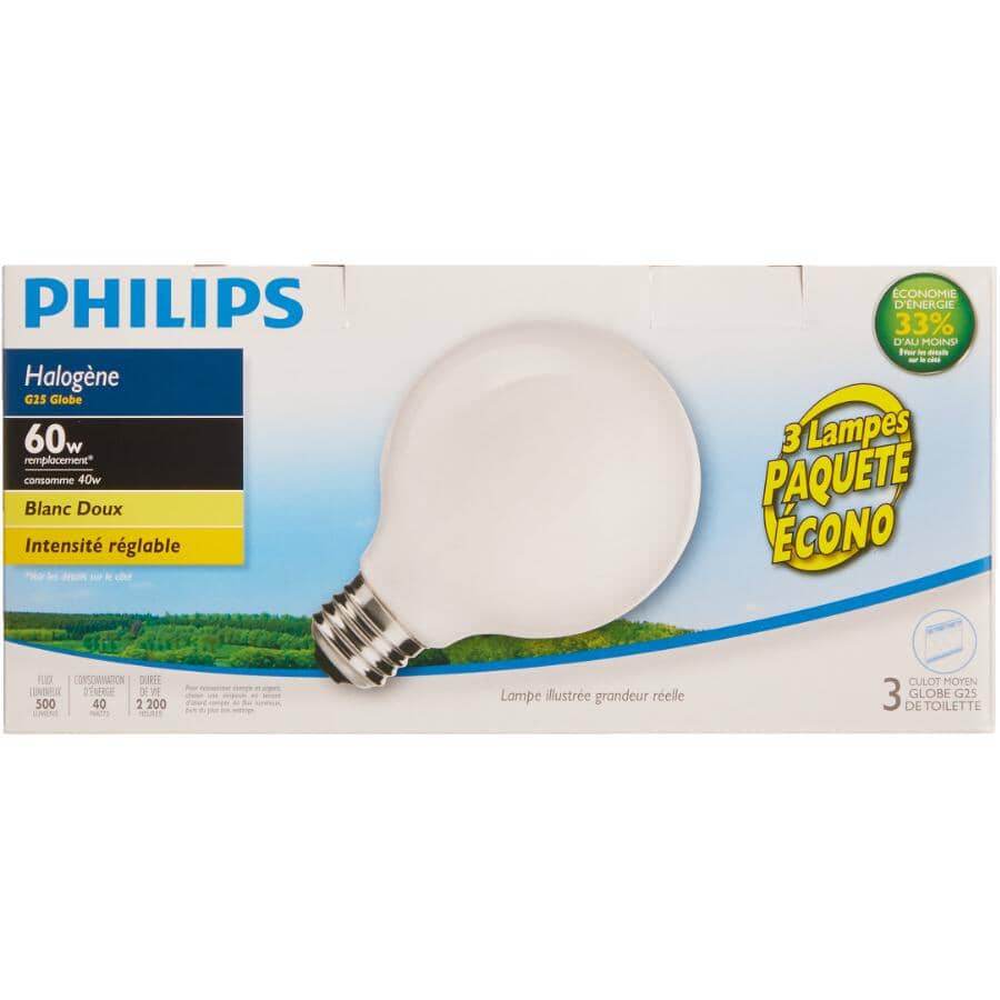 40W G25 Medium Base Soft White Dimmable Halogen Light Bulbs - 3 Pack