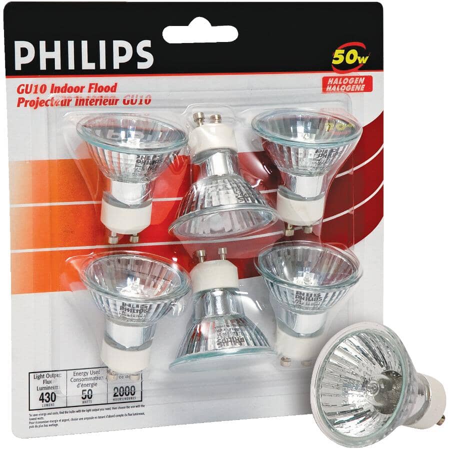 50W MR16 GU10 Base Halogen Flood Light Bulbs - 6 Pack