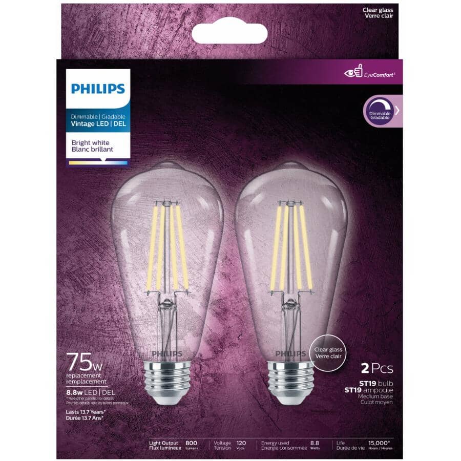 8.8W ST19 Medium Base Bright White LED Light Bulbs - Clear Glass, 2 Pack