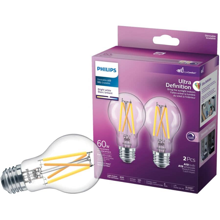 8W A19 Medium Base Ultra Definition Bright White Dimmable LED Light Bulbs - Clear Glass, 2 Pack