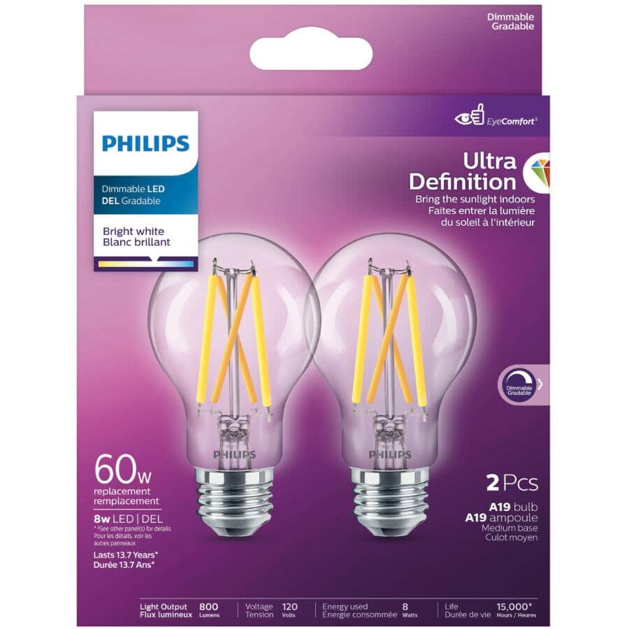 8W A19 Medium Base Ultra Definition Bright White Dimmable LED Light Bulbs - Clear Glass, 2 Pack