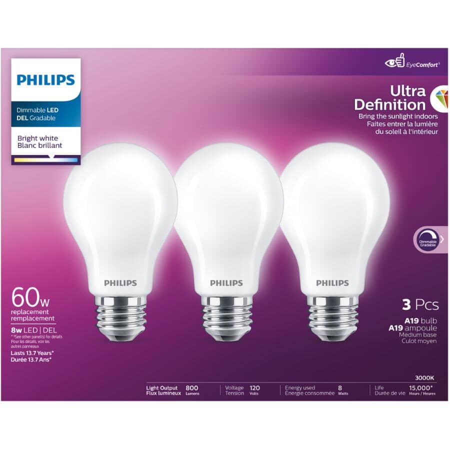 8W Ultra Definition A19 Bright White Dimmable LED Light Bulbs - 3 Pack