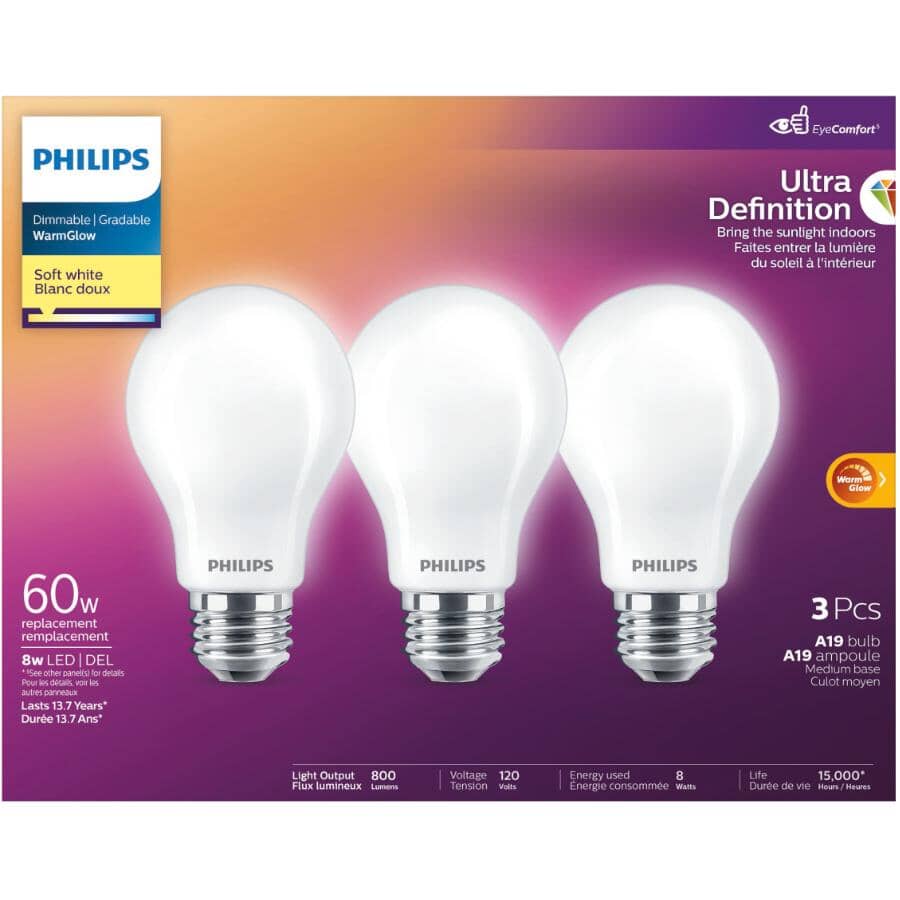 8W Ultra Definition A19 WarmGlow Soft White Dimmable LED Light Bulbs - 3 Pack