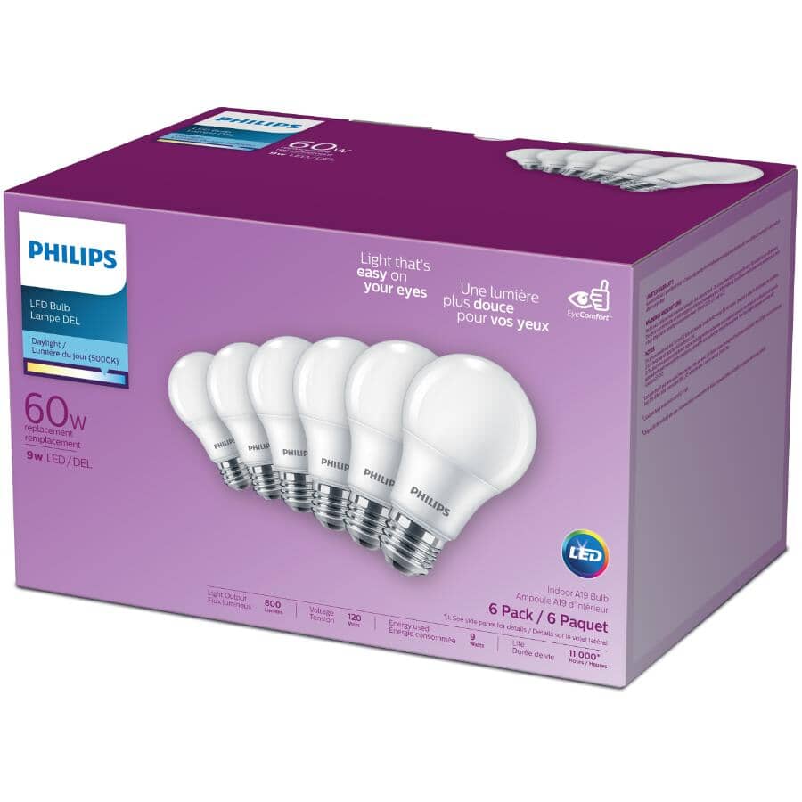 9W A19 Medium Base Daylight LED Light Bulbs Non-Dimmable - 6 Pack